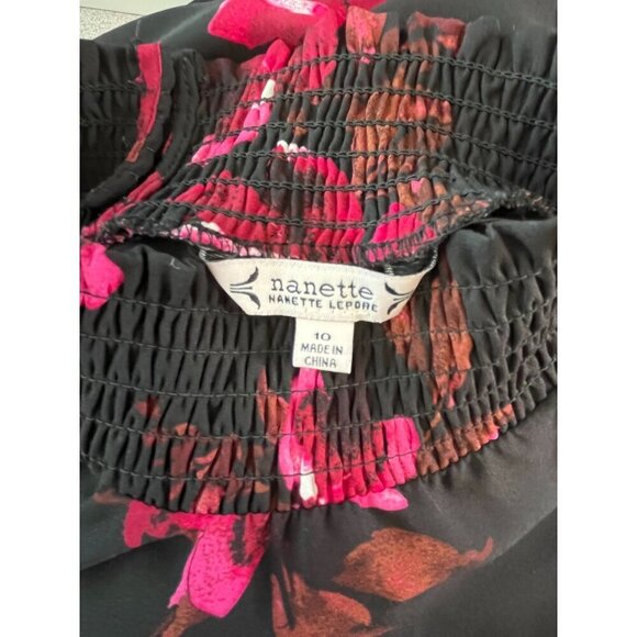 Nanette Lepore Black & Red Floral Smocked Puff Sleeve Midi Dress Size 10 - Picture 6 of 8